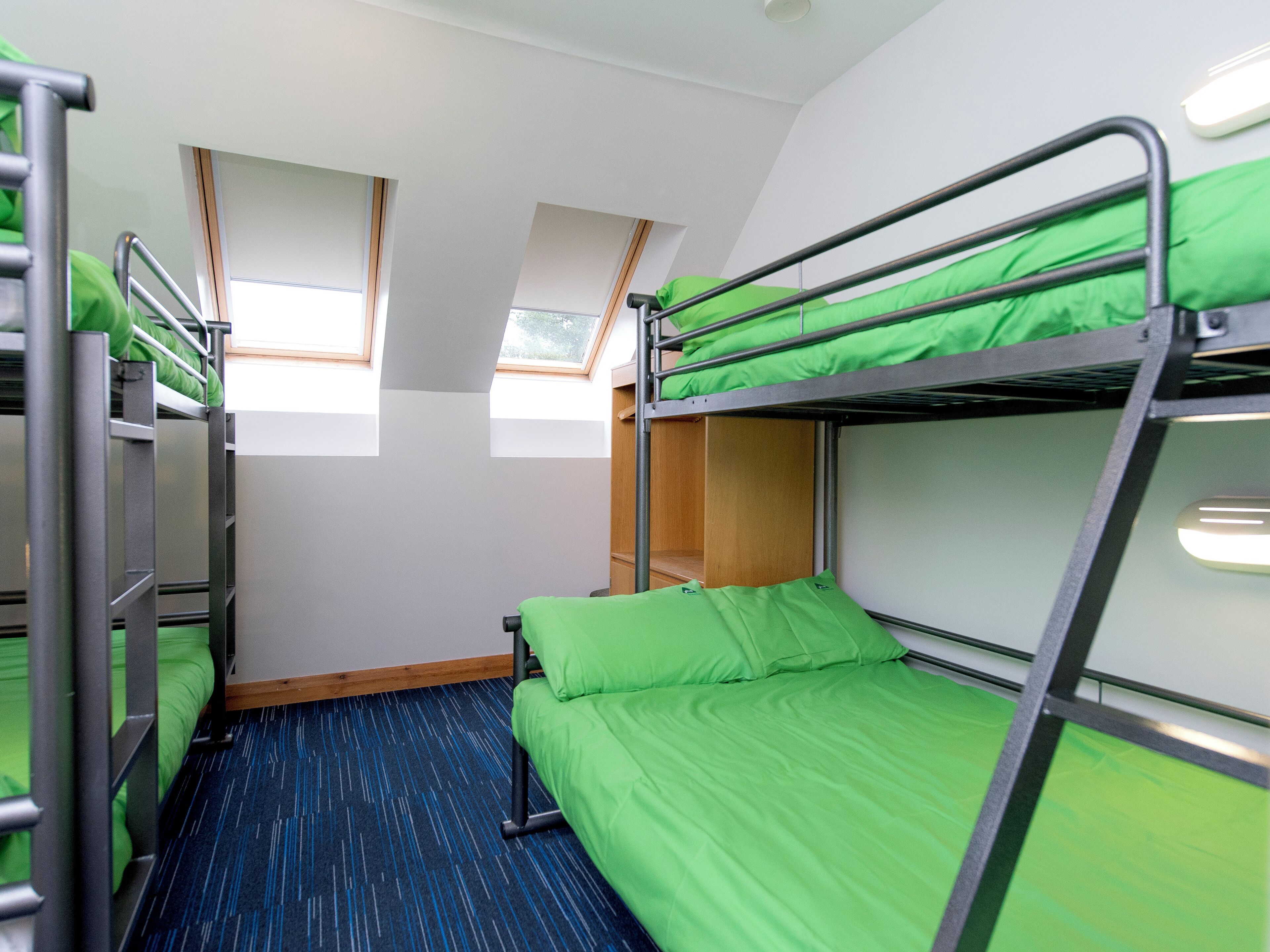A bunk room with two beds, a window, and a blue carpet.