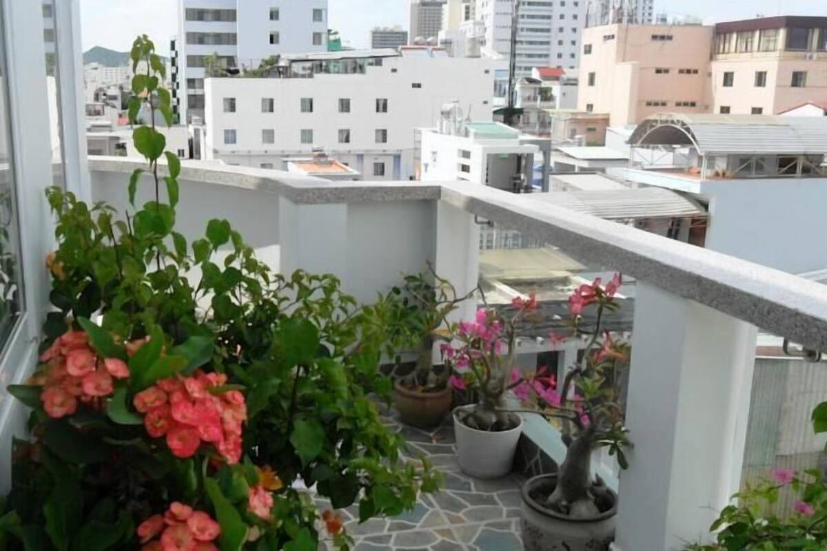 Een balkon met potplanten en uitzicht op de stad.