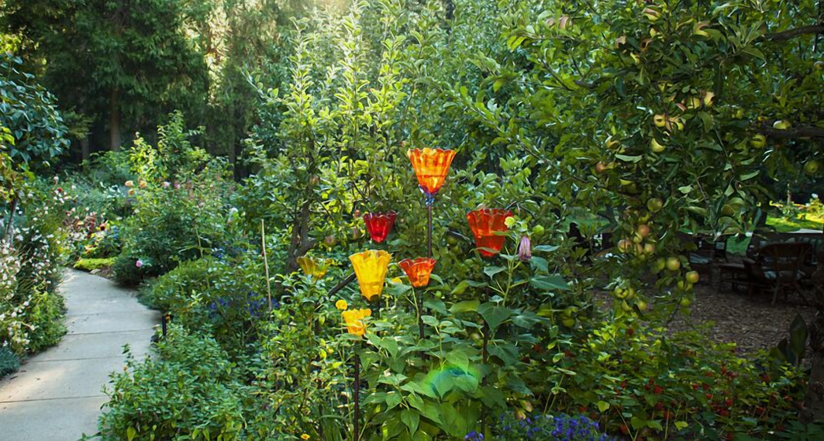 A garden with a concrete path, surrounded by lush greenery and various flowering plants.