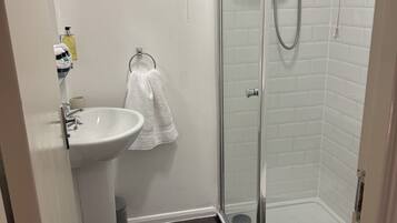 A bathroom with a glass-enclosed shower, a white sink, and a toilet.