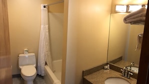 A bathroom with a toilet, shower, sink, and mirror. - Lantern House Motel (Great Barrington)