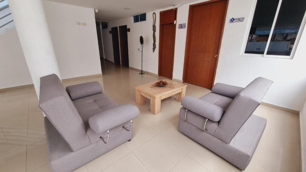 A modern living room with two grey sofas, a wooden coffee table, and a small rug.