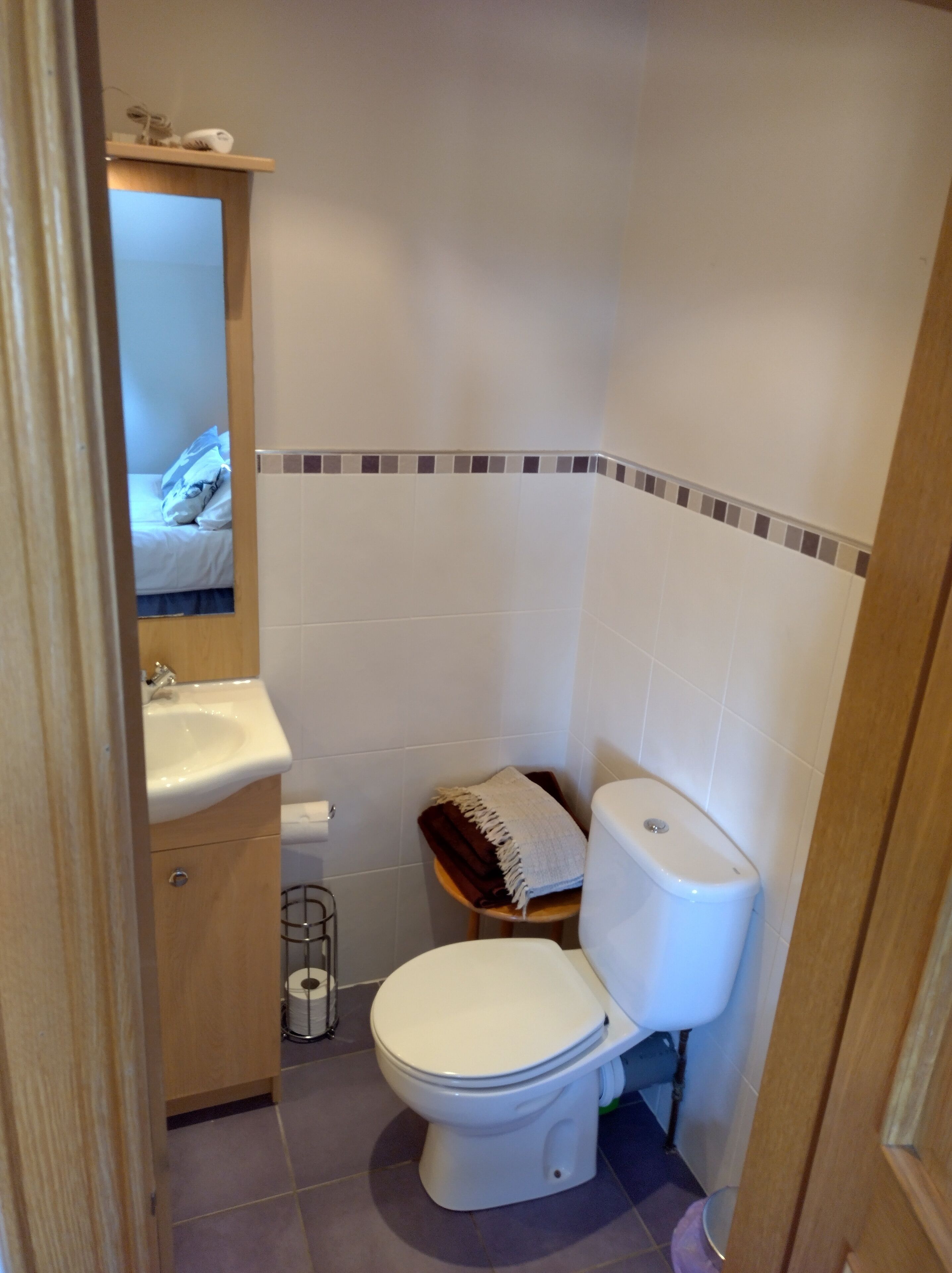 Un baño pequeño con inodoro, lavamanos y espejo.