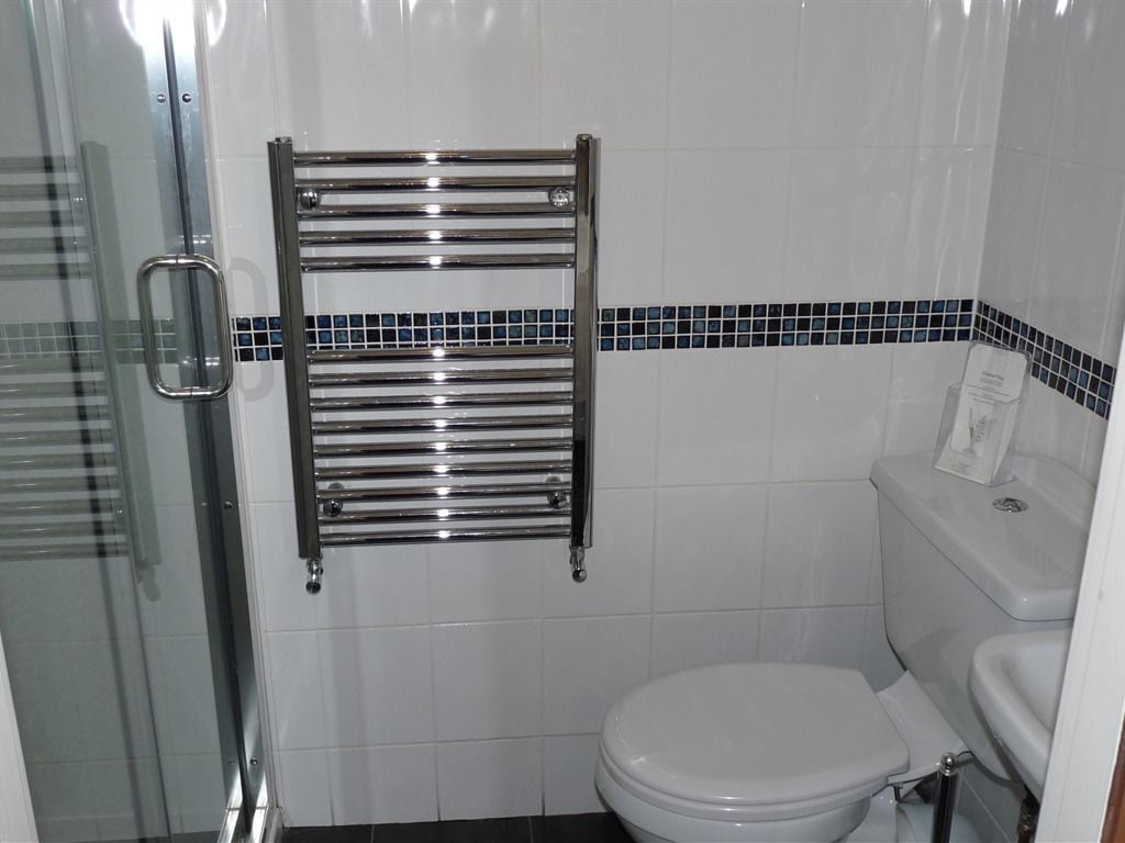Un baño con mampara de vidrio, toallero de cromo, inodoro blanco y salpicadero de azulejos azules.