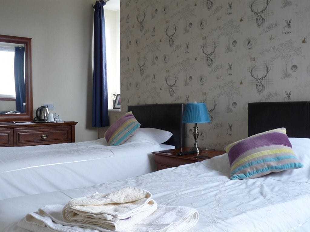 Une chambre d’hôtel avec deux lits, une commode en bois, un miroir et un papier peint à motifs.