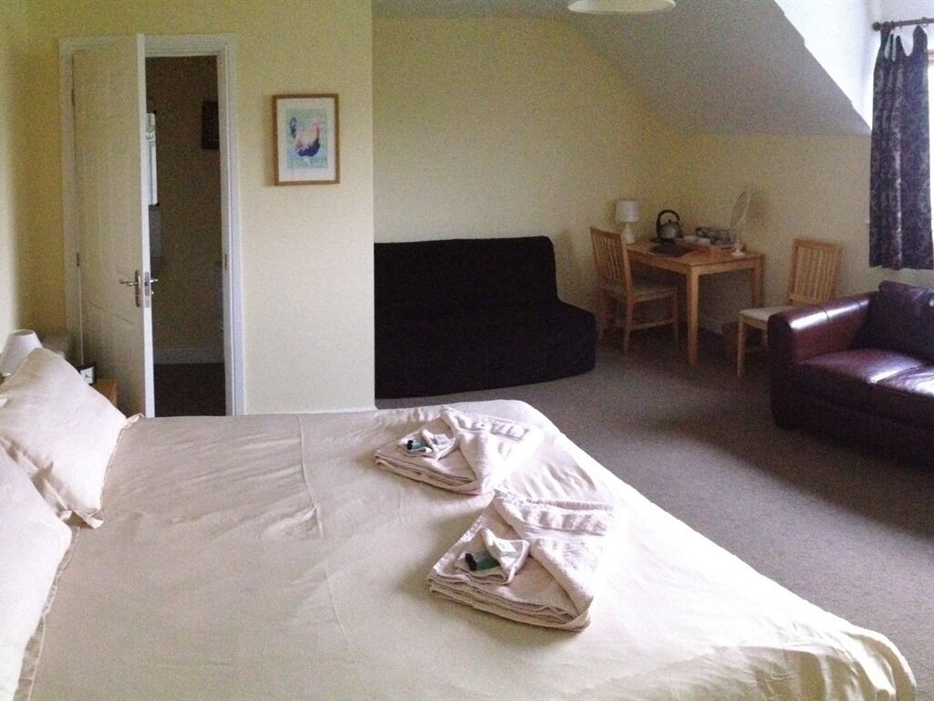 A hotel room with a bed, a desk, a chair, and a couch.