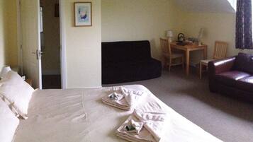 A hotel room with a bed, a desk, a chair, and a couch.