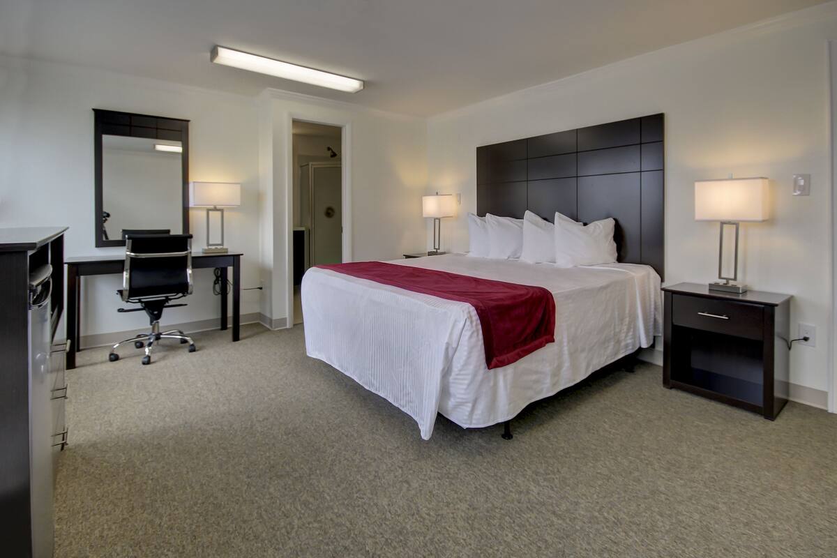 Una habitación de hotel con una cama grande, un escritorio, una silla y una mesita de noche.