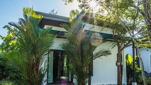 A modern house with a glass door entrance, surrounded by lush greenery and palm trees. - Baan Armeen Cottage (Choeng Thale)