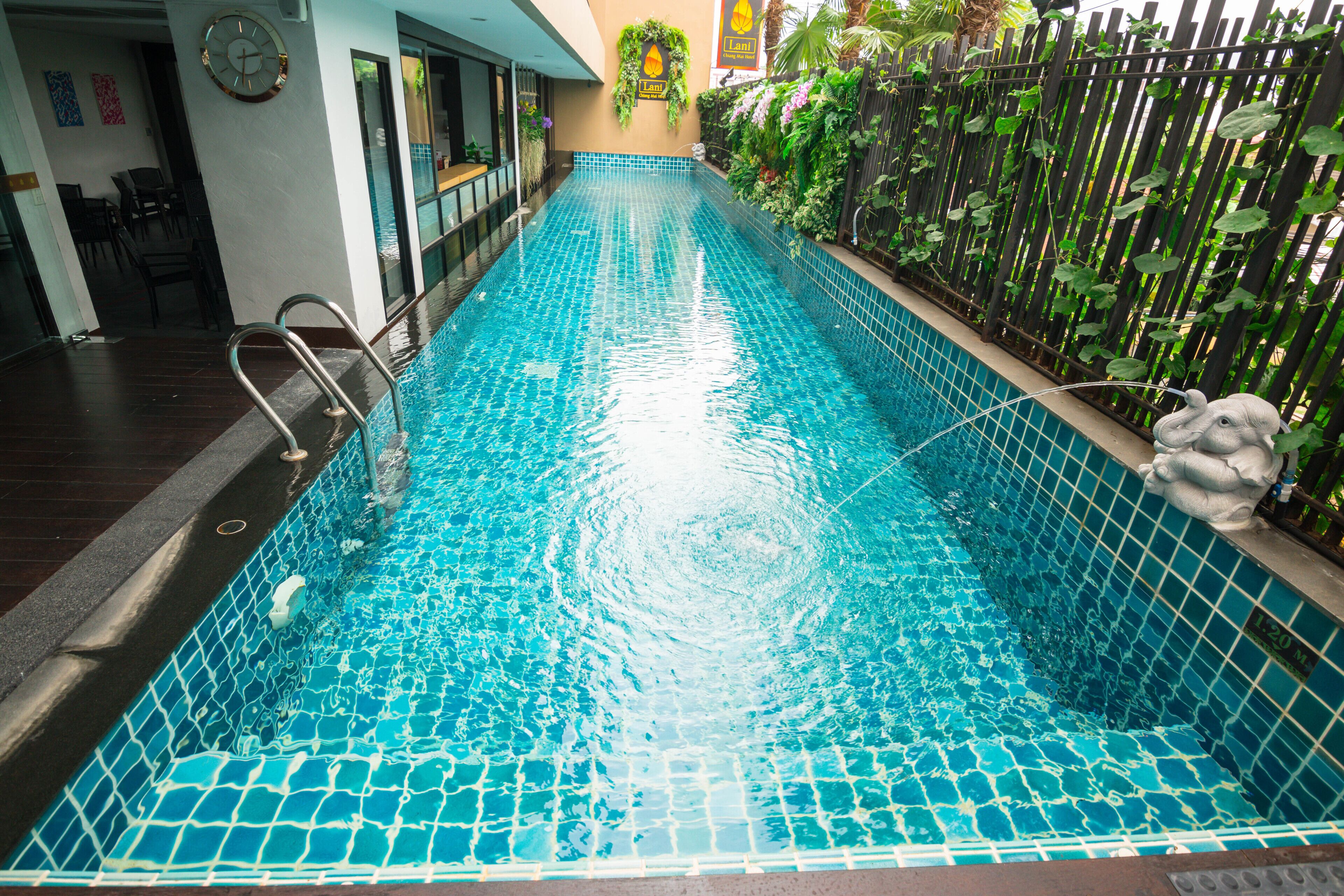 A swimming pool with clear blue water, a clock on the wall, and a plant-covered fence.