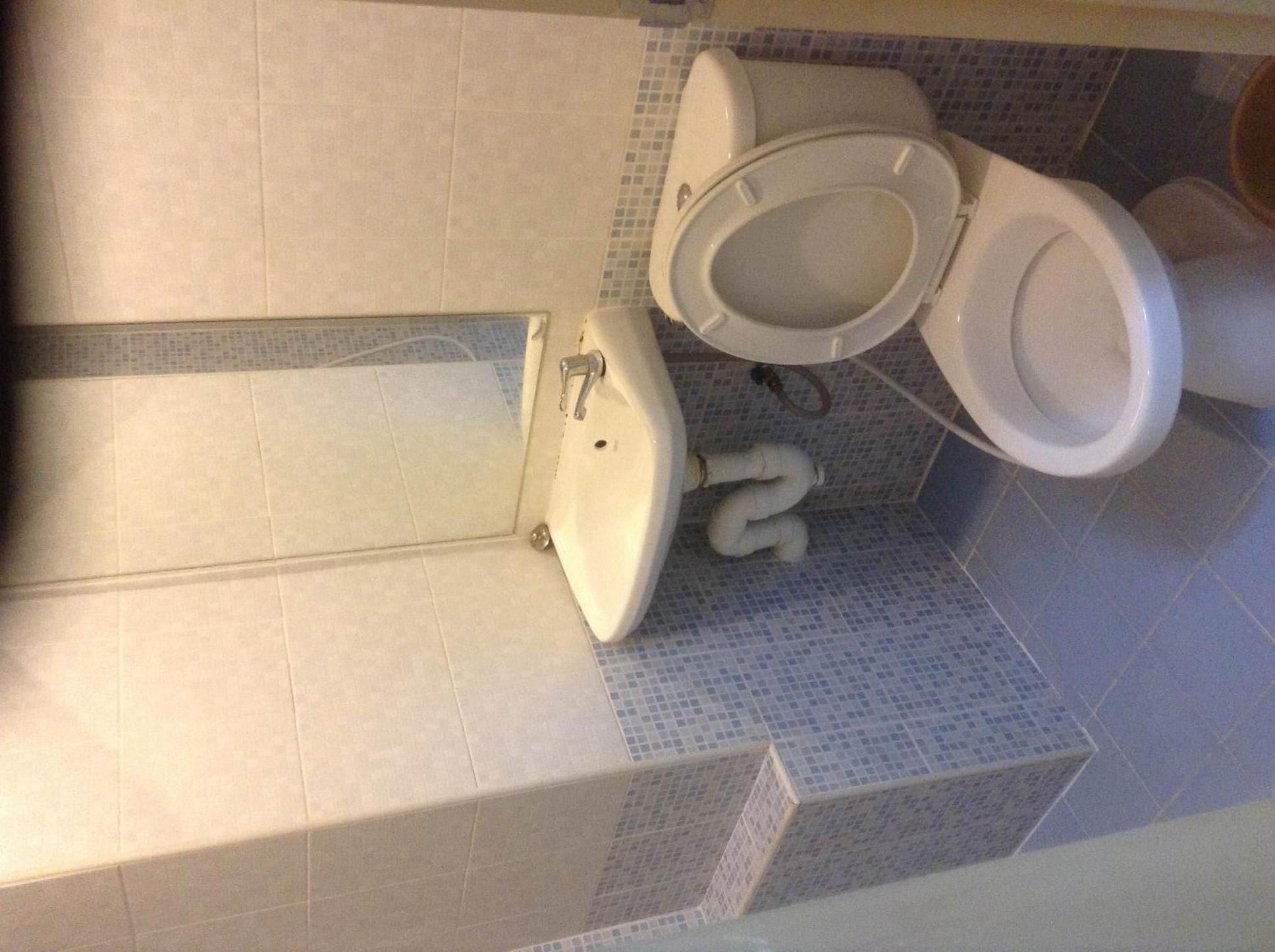A bathroom with a toilet, sink, and a shower area.