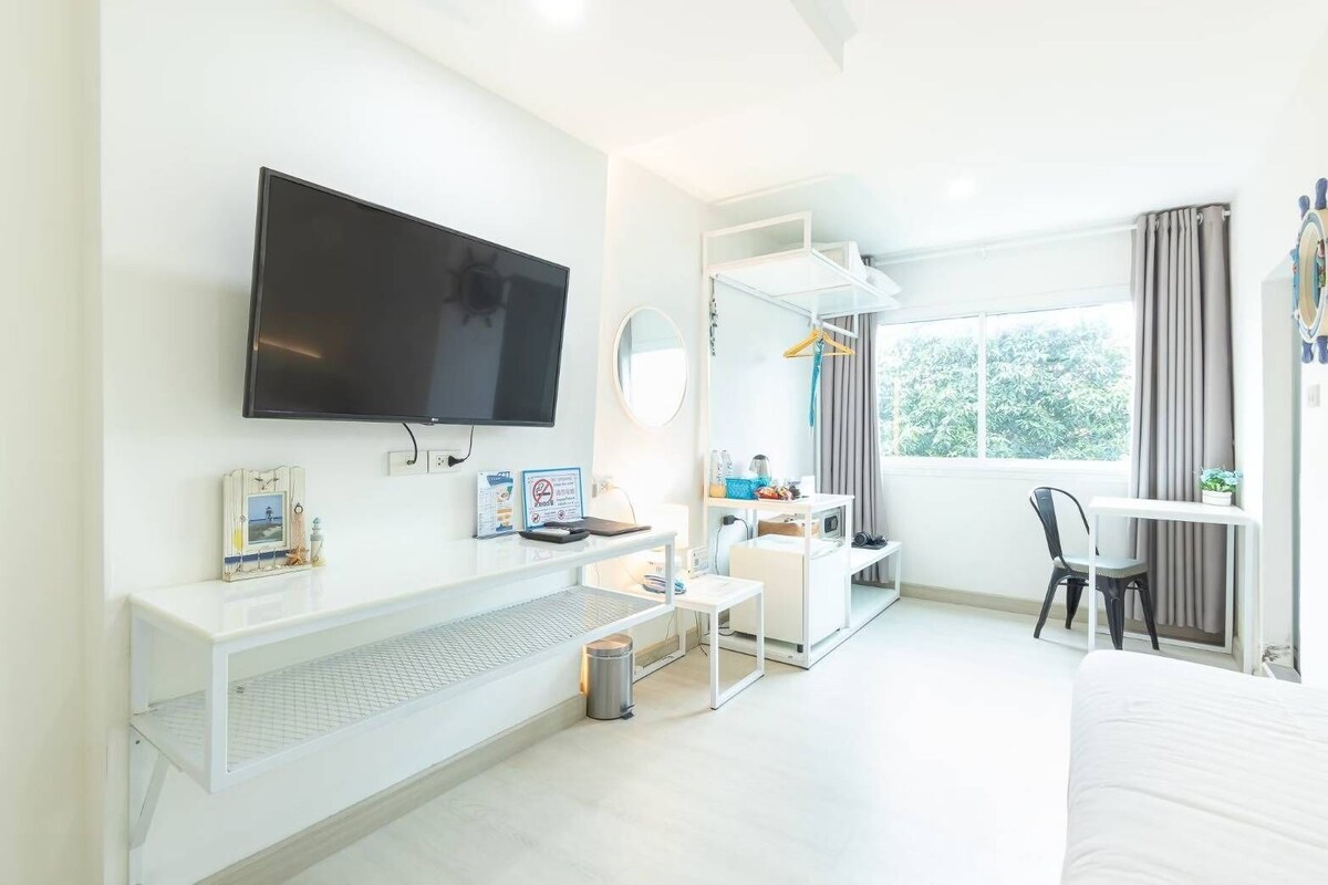 Habitación de hotel con televisión, escritorio con silla, cama, ventana con cortinas y una planta pequeña.