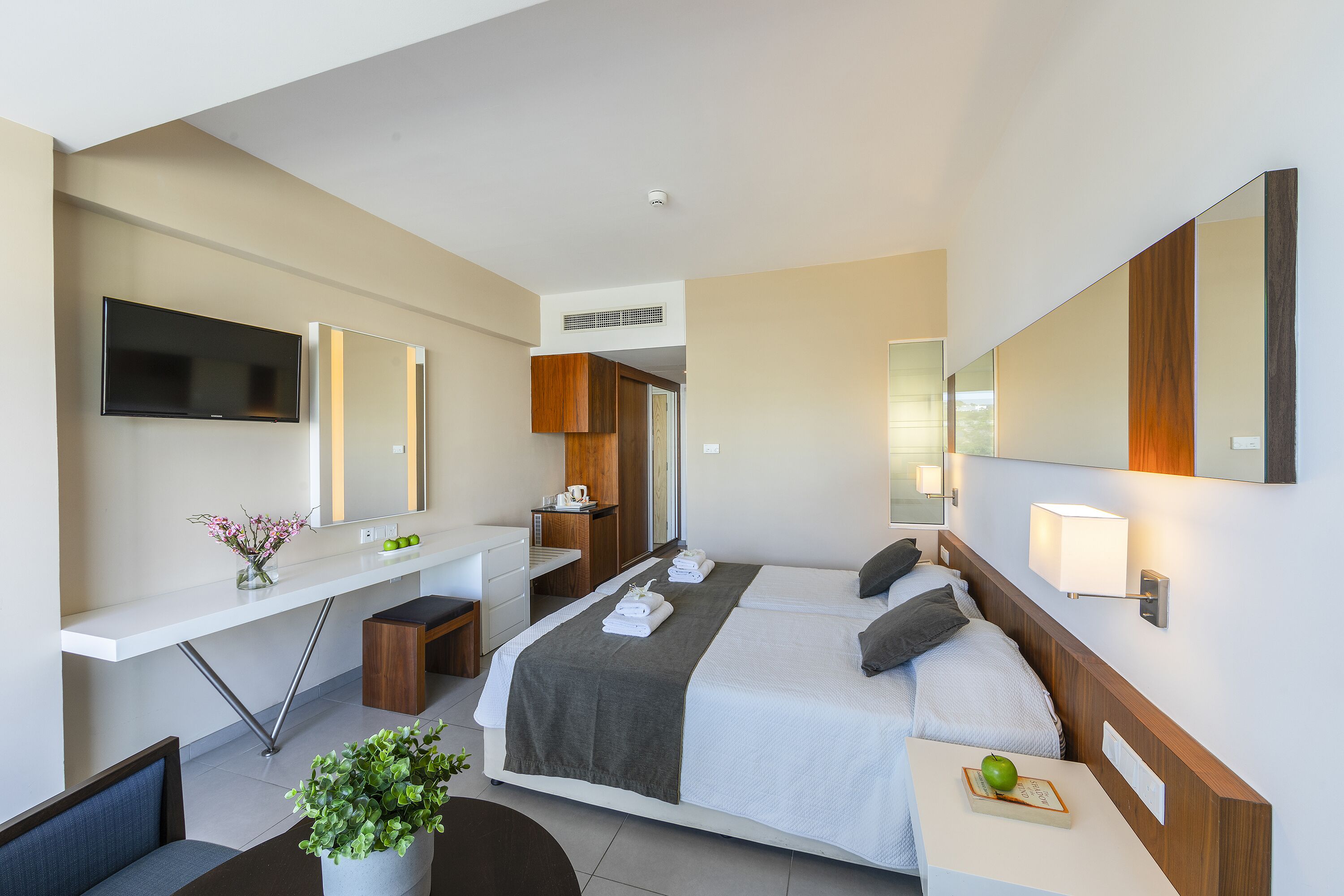 Una habitación de hotel moderna con una cama grande, un escritorio con un televisor de pantalla plana, un espejo y una planta en maceta.