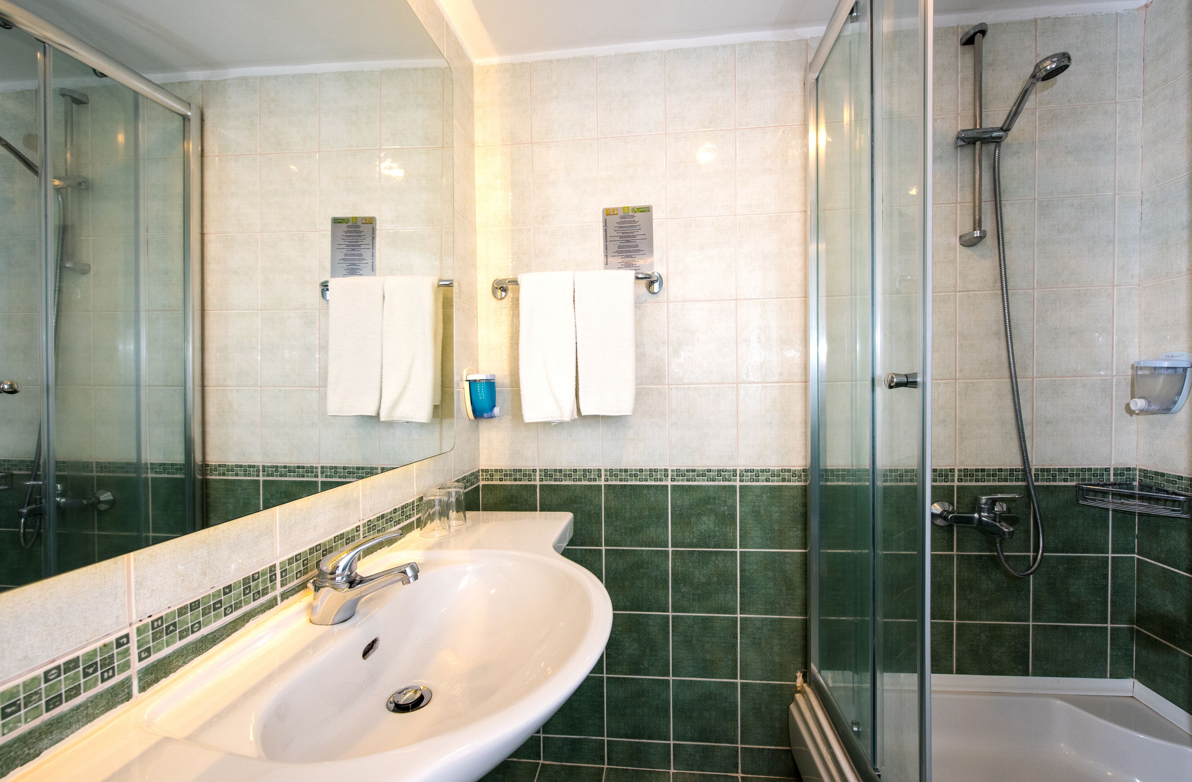 shower, eco-friendly toiletries, hair dryer, towels