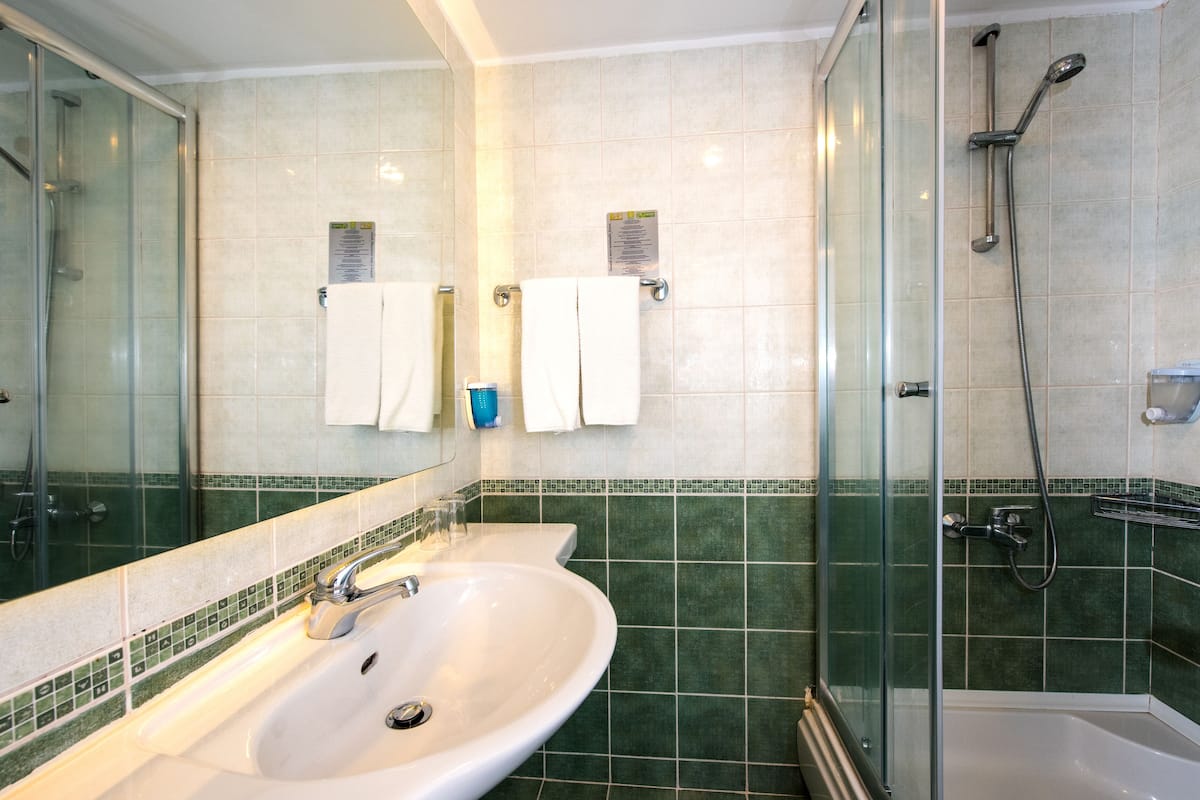 shower, eco-friendly toiletries, hair dryer, towels