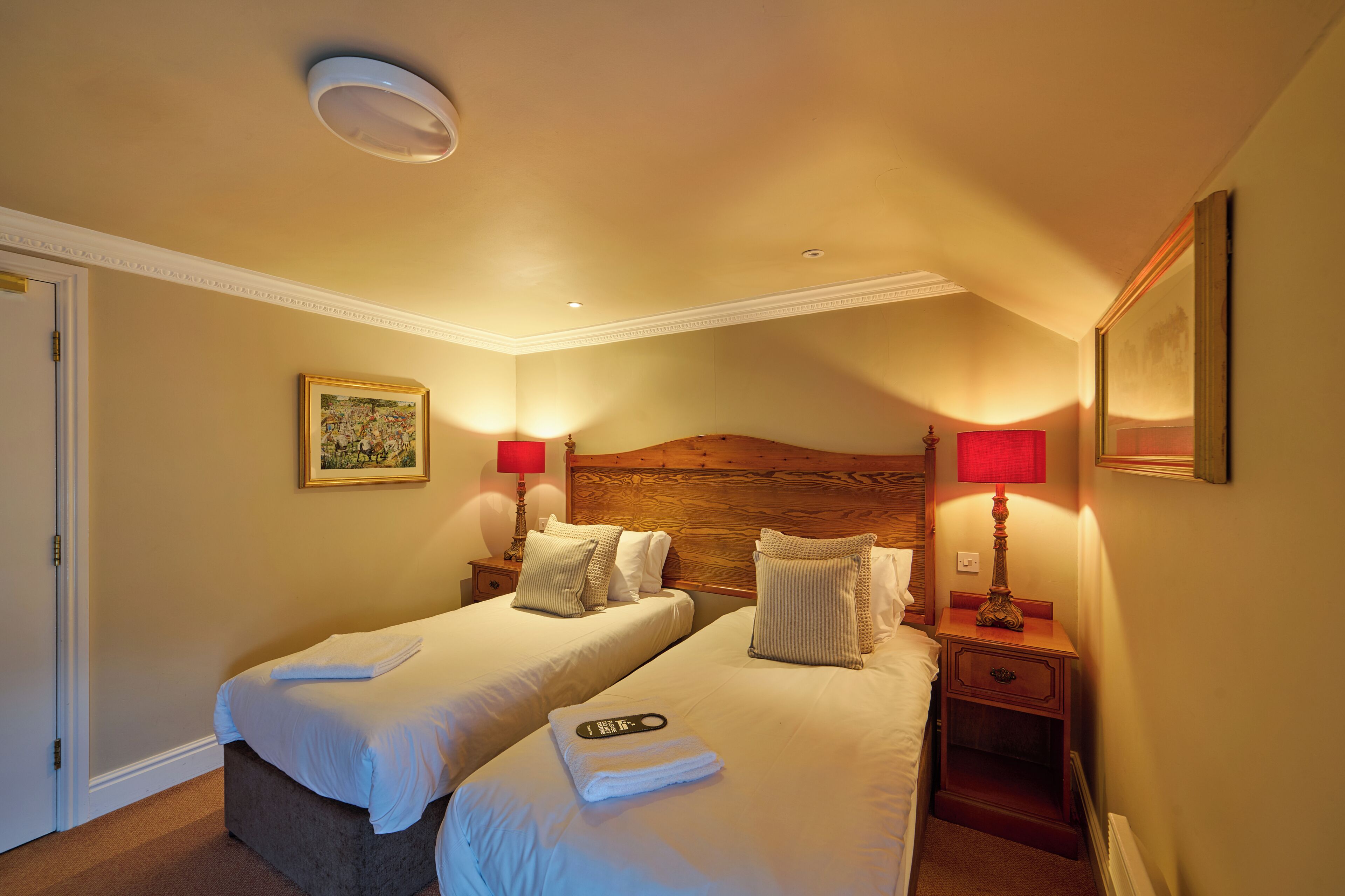 Red Lion Twin Room | Een bureau, een strijkplank/strijkijzer, beddengoed
