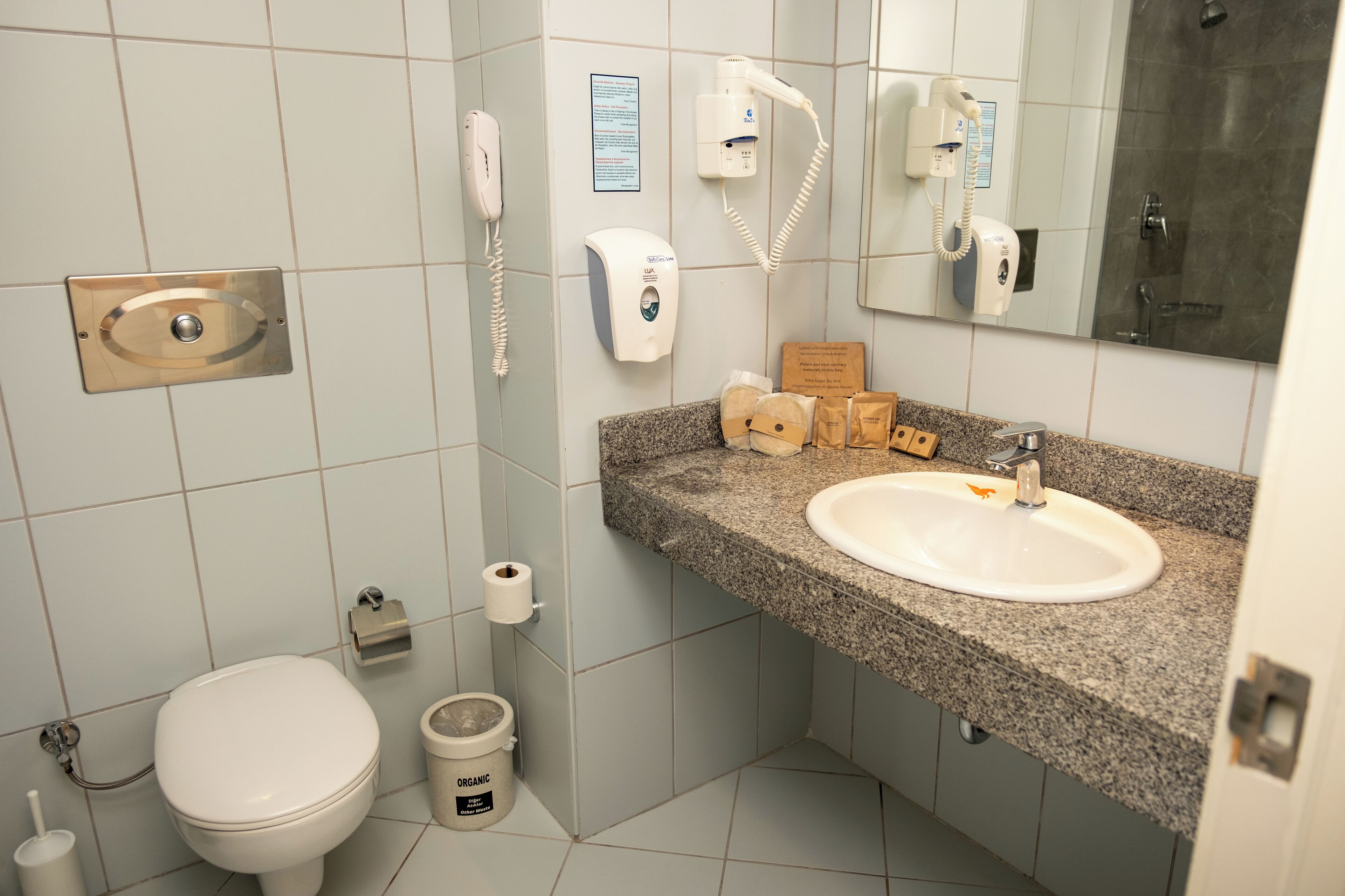 A bathroom with a toilet, sink, and a mirror.