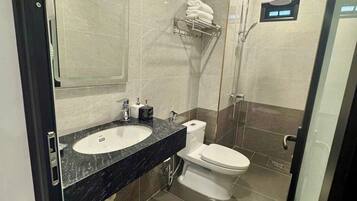 Shower, hydromassage showerhead, designer toiletries, hair dryer