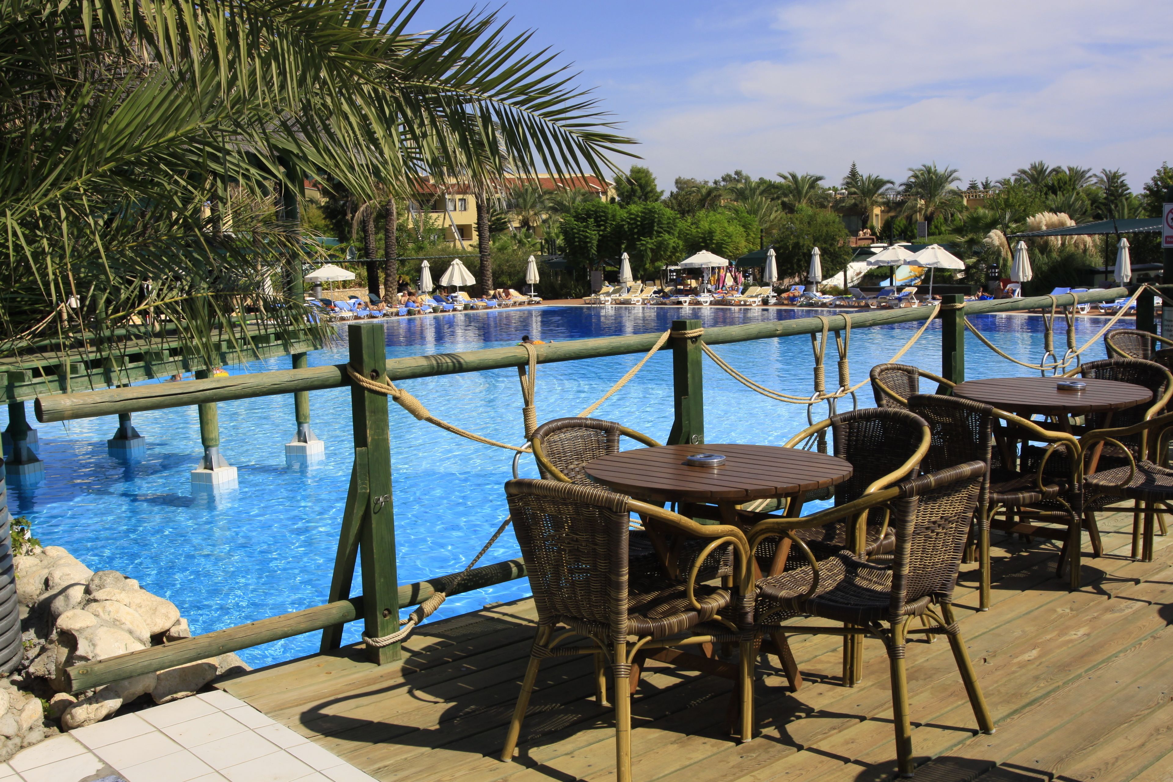Un espace aménagé au bord de la piscine, avec des fauteuils et des tables en osier, une terrasse en bois et une vue sur la piscine et les palmiers environnants.