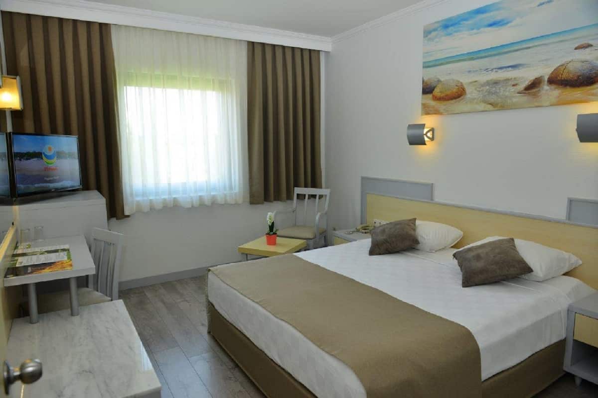 Habitación de hotel con cama, escritorio, silla, televisión y un cuadro de una playa.
