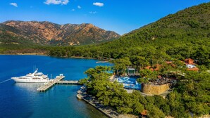 Une zone côtière où un yacht est amarré à un quai, entouré d’une végétation luxuriante et avec des montagnes en arrière-plan.