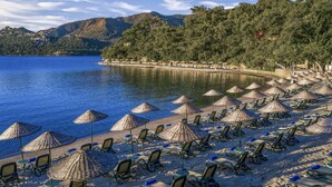 Une plage bordée de rangées de chaises longues et de parasols, un lac paisible et, au loin, une colline boisée.