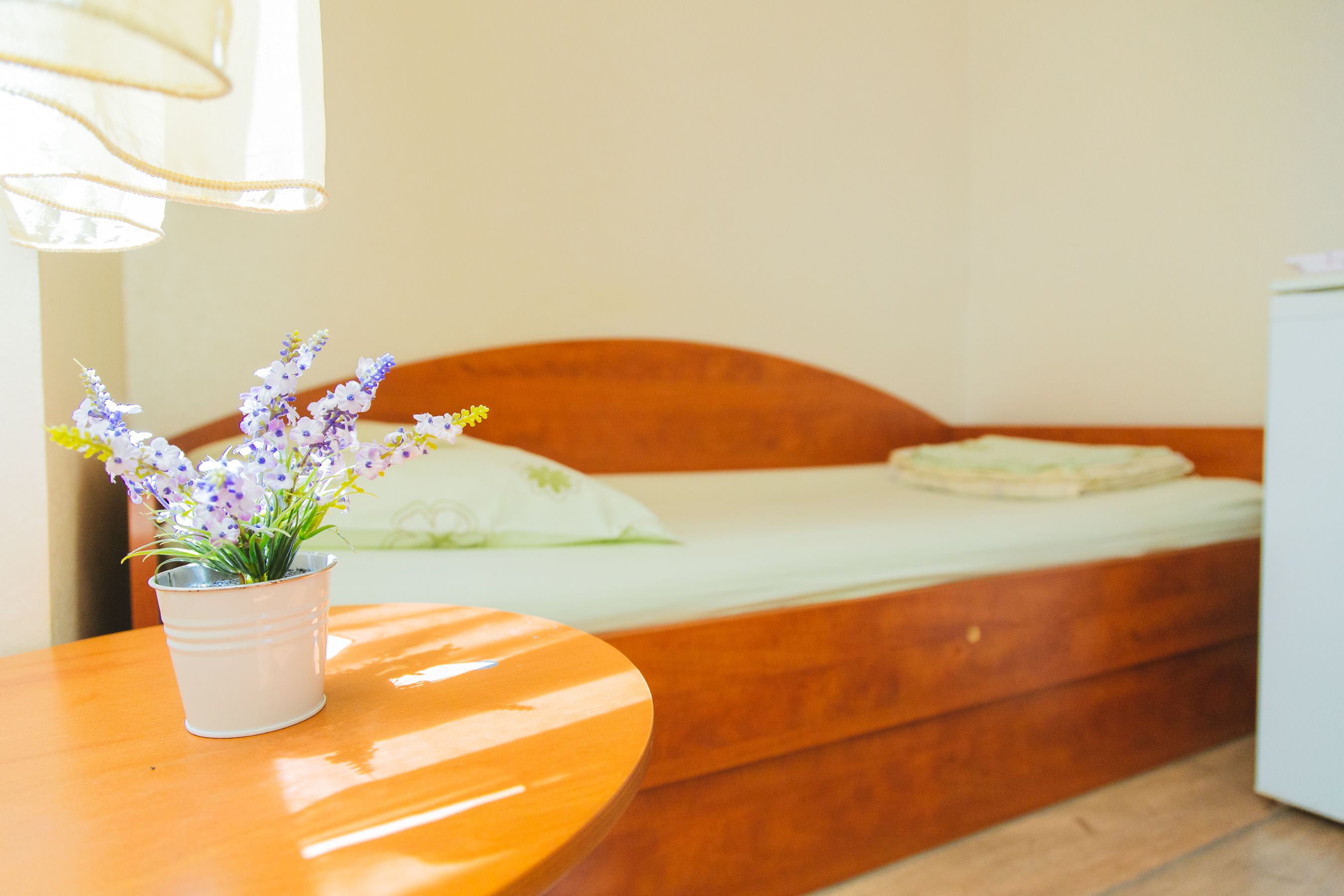A wooden bed with a white mattress and a single pillow, a small potted plant with purple flowers on a wooden table, and a white bedside table with a lamp.