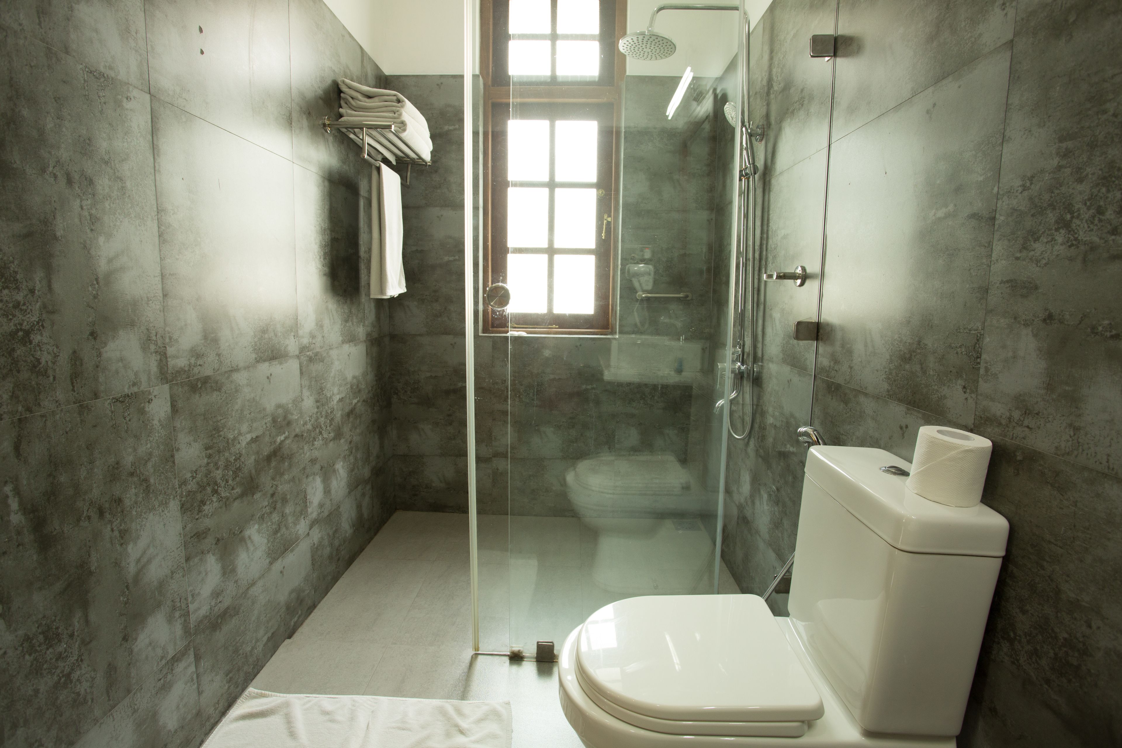 Une salle de bain moderne avec une douche à parois de verre, des toilettes et un porte-serviettes.