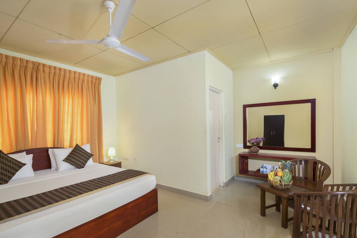 Une chambre d’hôtel équipée d’un lit, d’un bureau, d’une chaise, d’un ventilateur de plafond et d’un miroir.