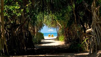 Nær stranden, solsenger og strandhåndklær