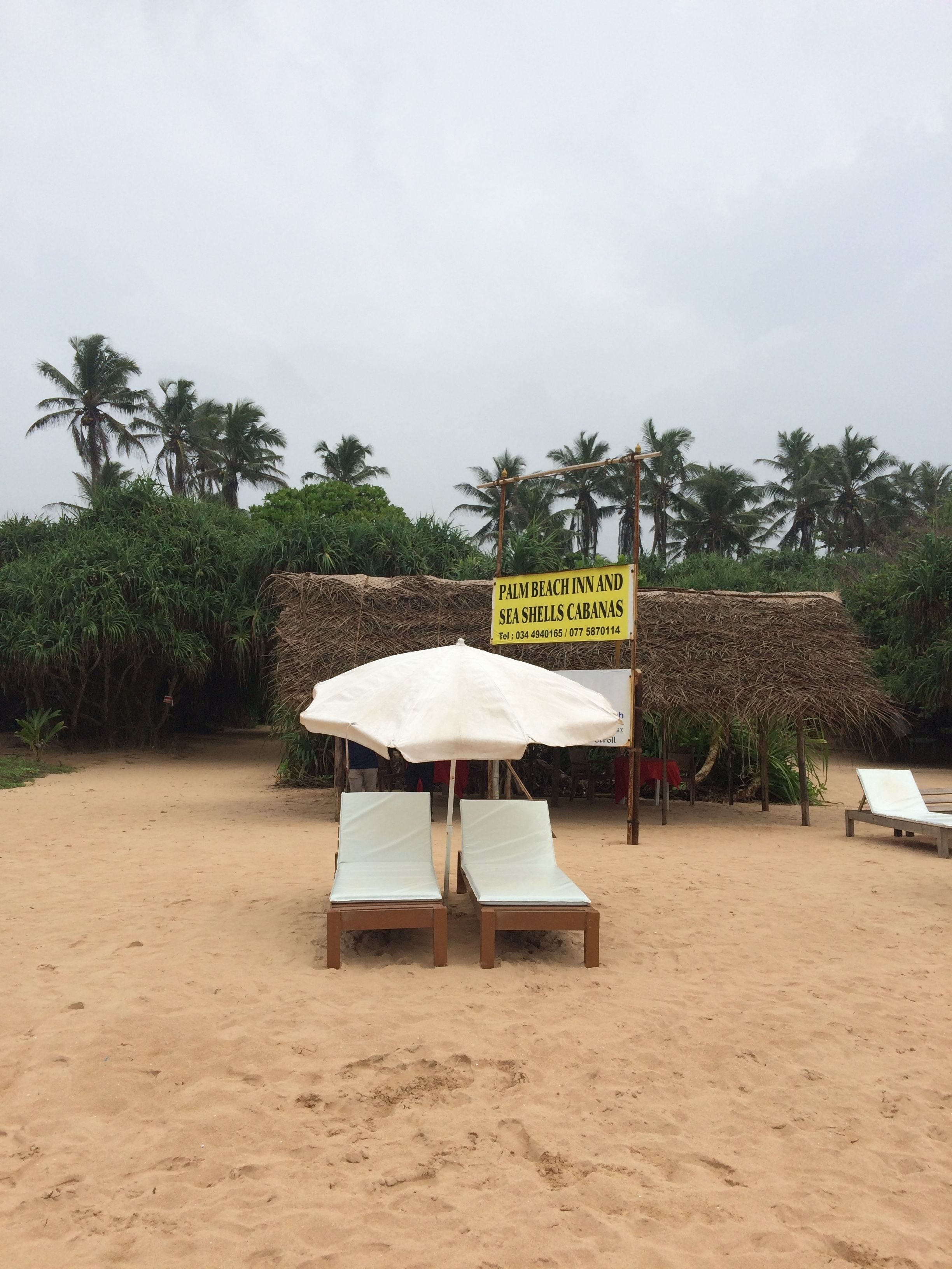 A beach area with two lounge chairs under a canopy, a sign for Palm Beach Inn and Sea Shells Cabanas, and palm trees in the background.
