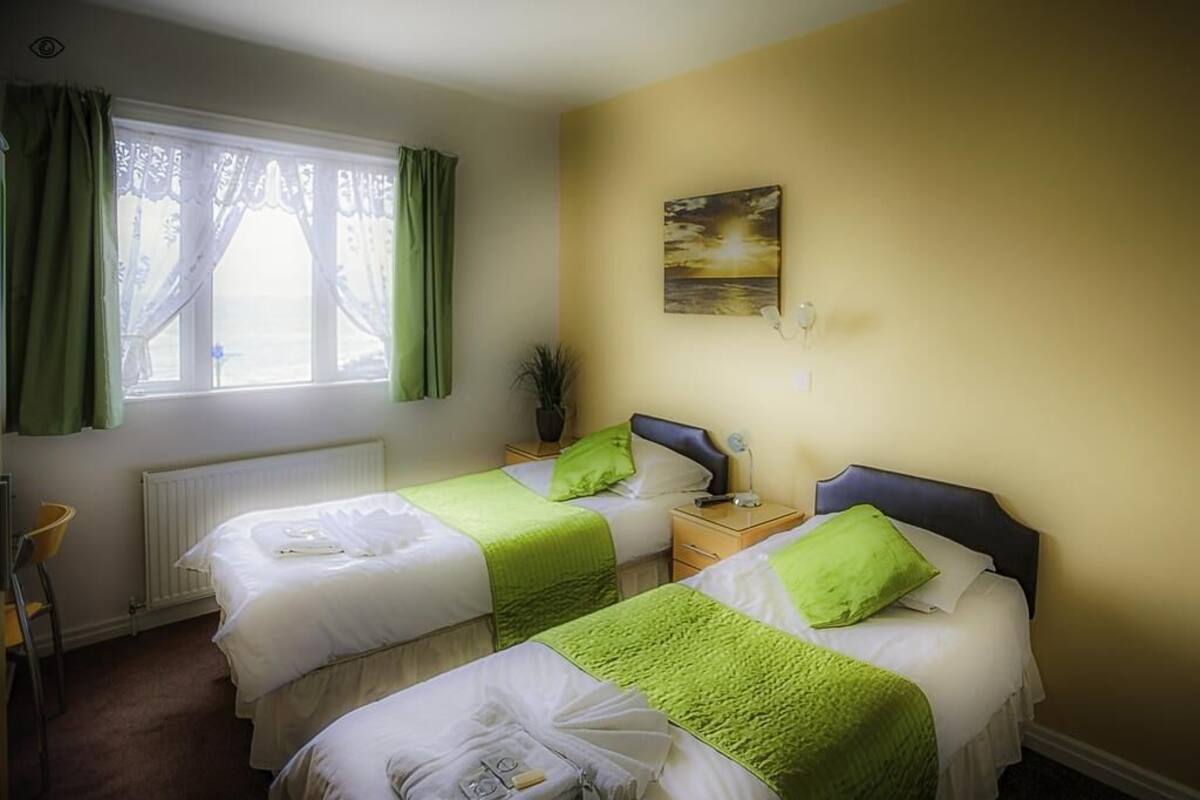 Habitación de hotel con dos camas, una ventana con cortinas, un cuadro en la pared y un radiador.