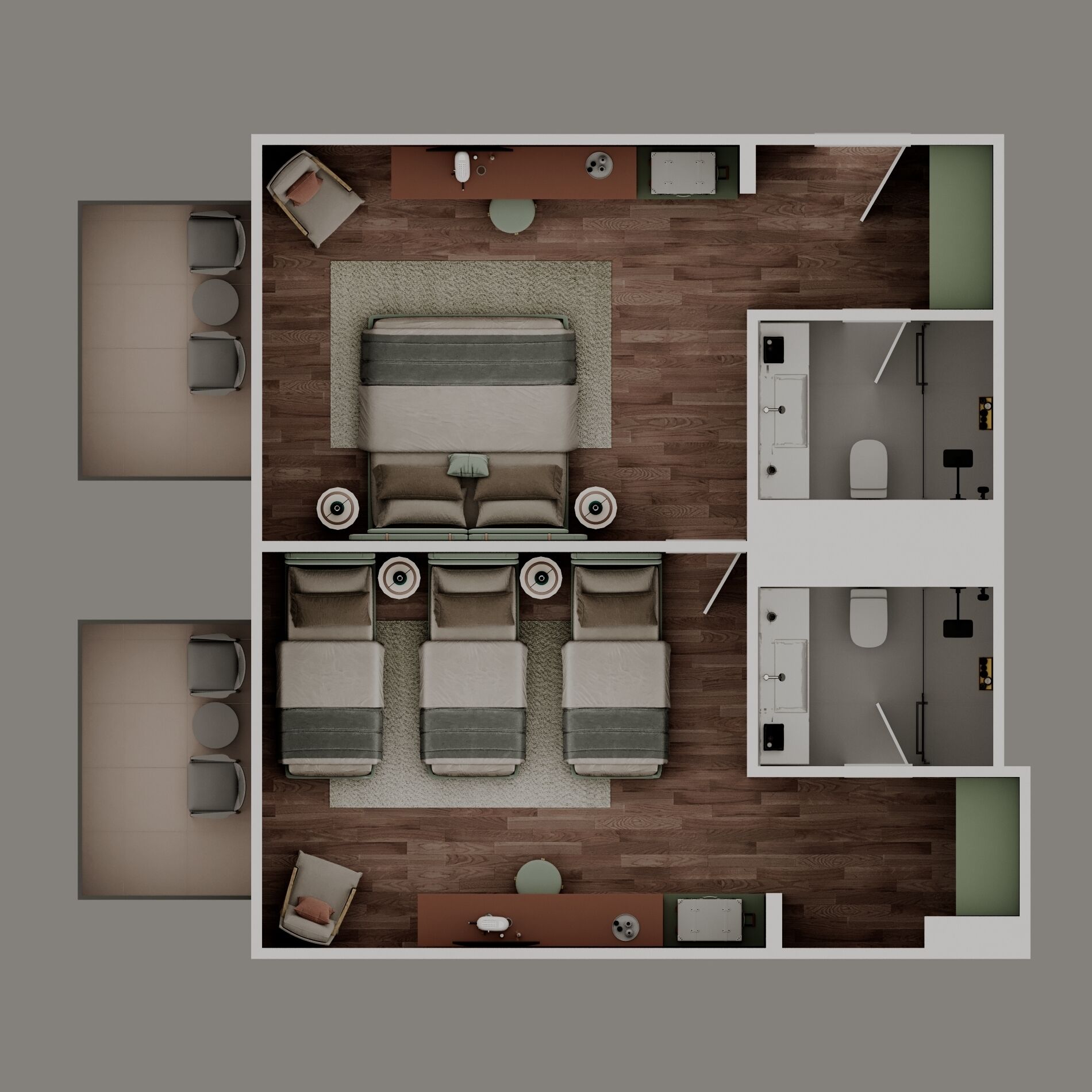 家庭房, 2 间卧室, 双浴室 | 迷你吧、客房内保险箱、办公桌、笔记本电脑工作区