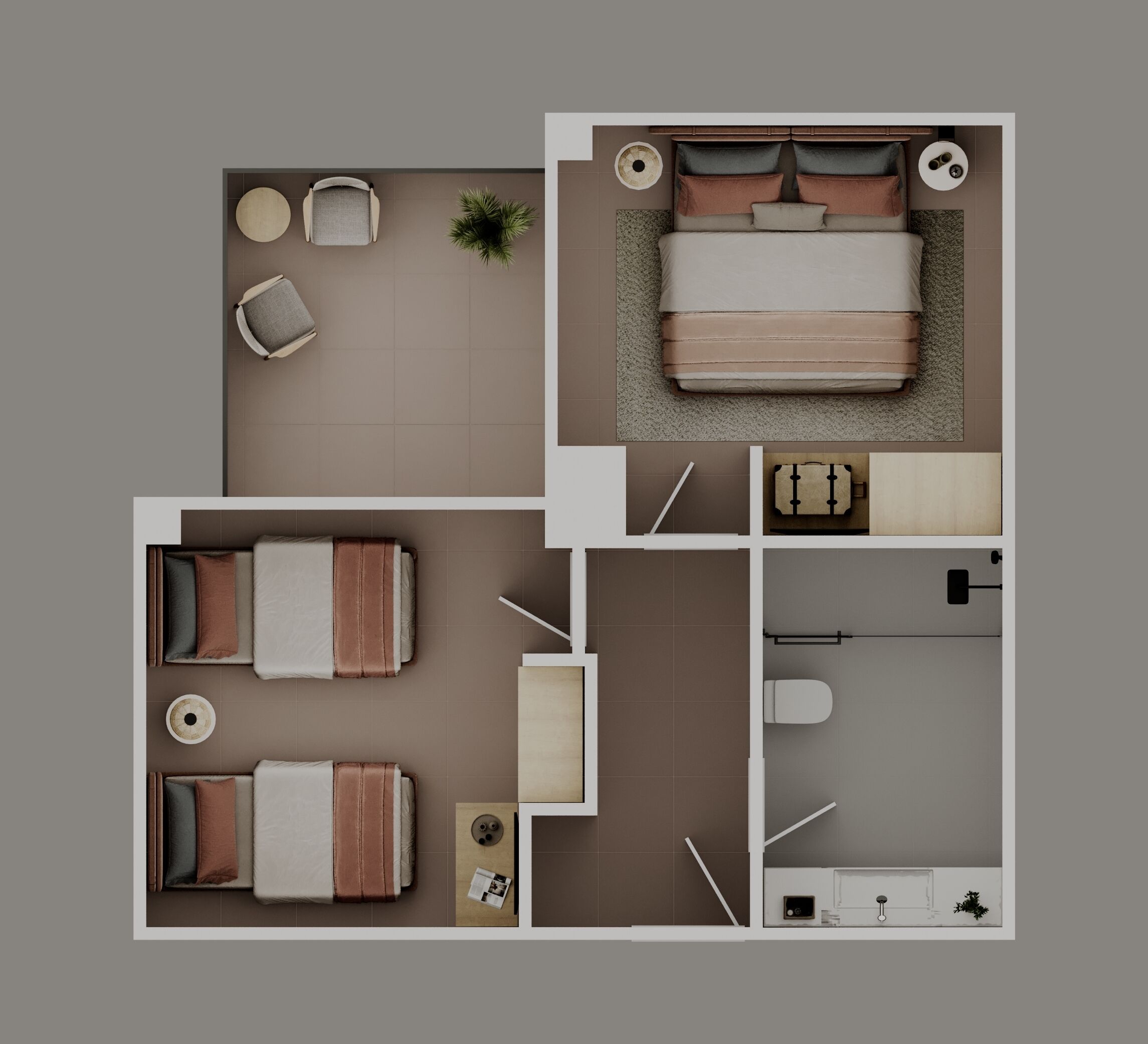 家庭房, 2 间卧室, 双浴室 | 迷你吧、客房内保险箱、办公桌、笔记本电脑工作区