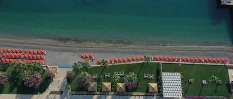 Private beach, sun loungers, beach umbrellas, beach towels