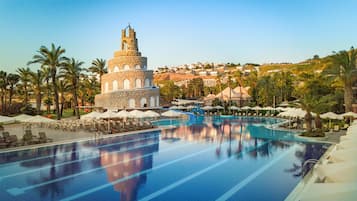 Seasonal outdoor pool, pool umbrellas, pool loungers