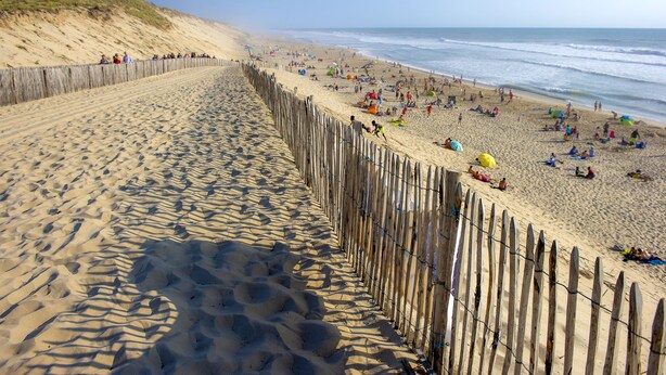 Une plage de sable avec une clôture en bois et des gens qui se détendent.