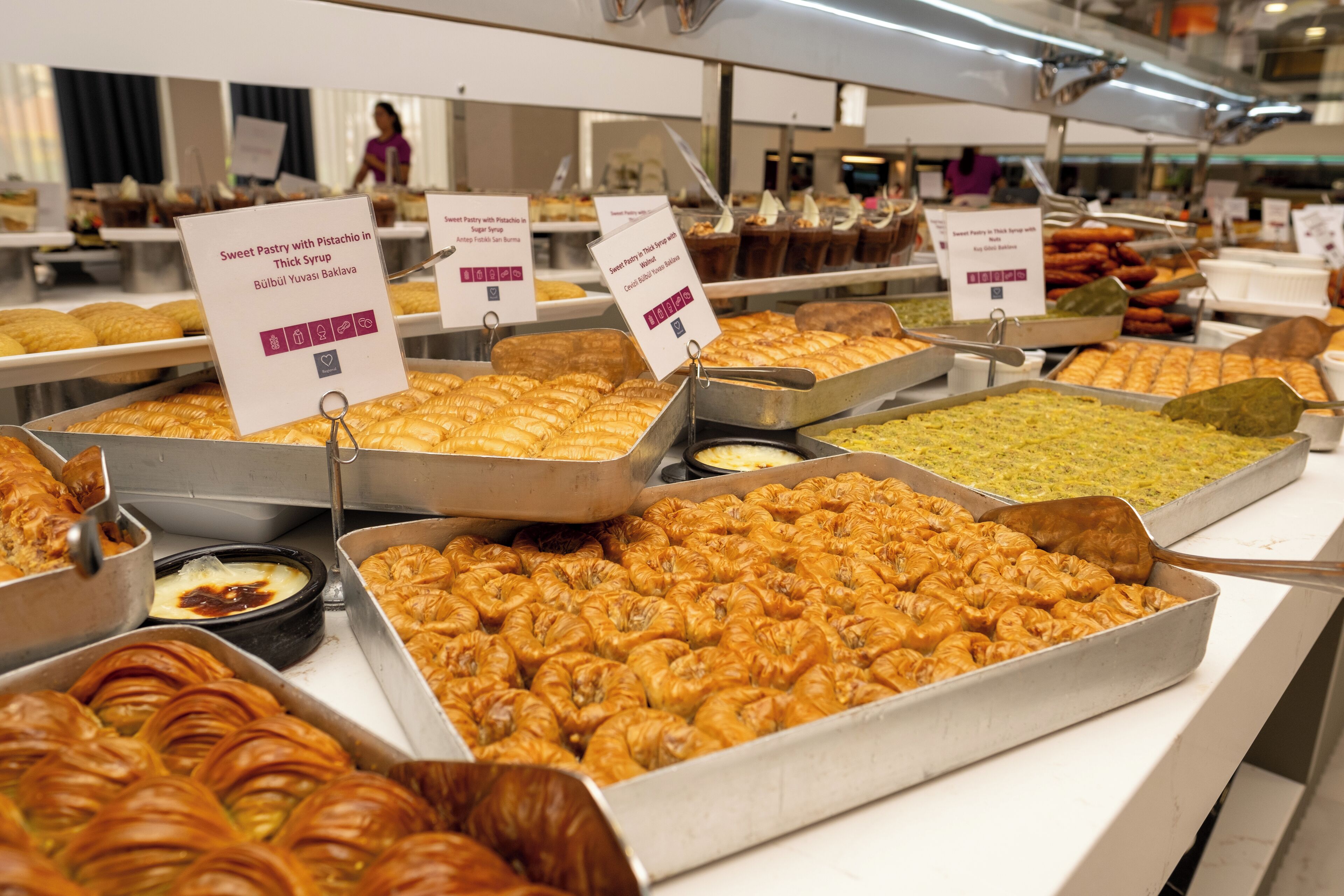 A buffet with various pastries and desserts, including sweet pastry with pistachio in thick syrup and sweet from this tray with coconut flakes.