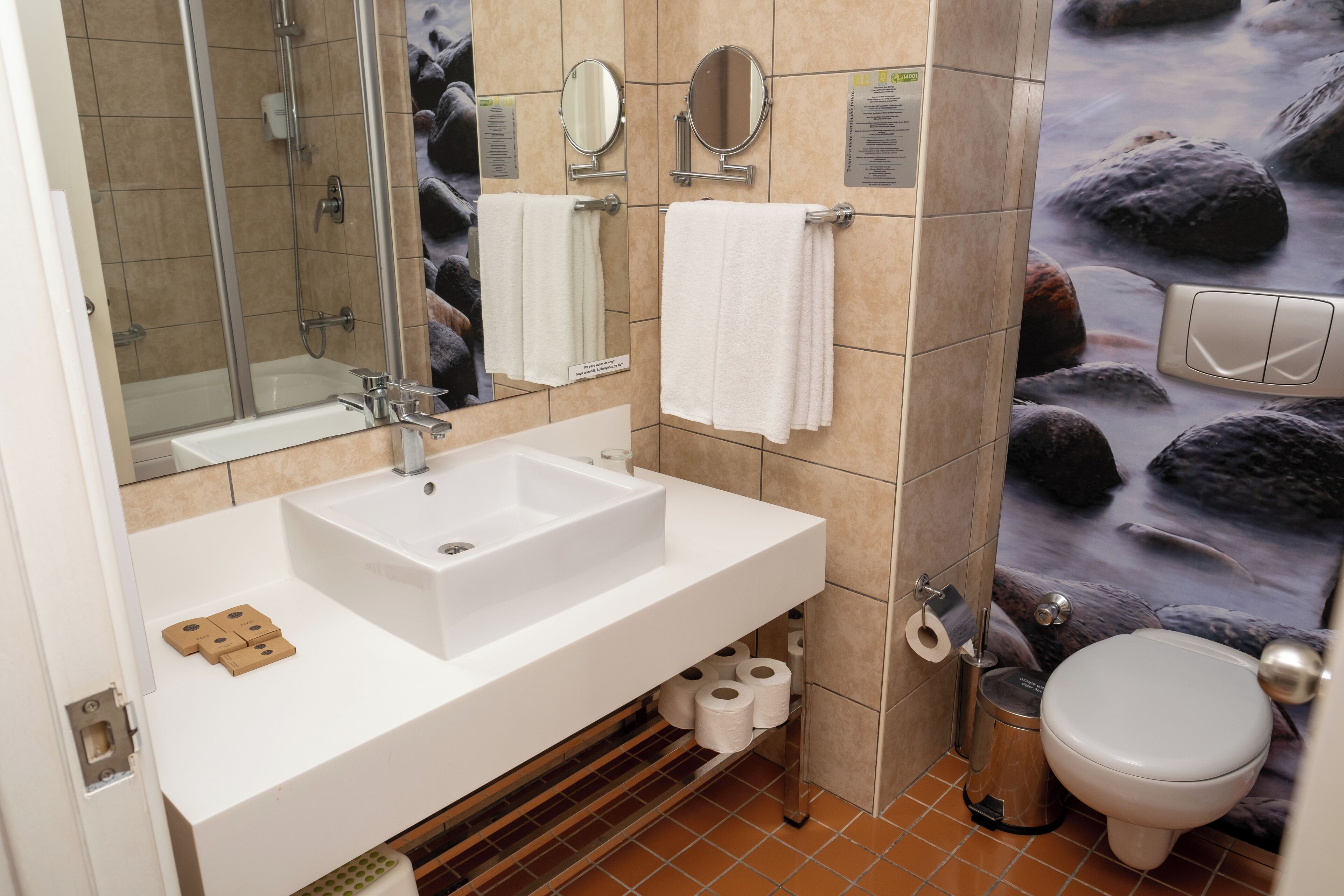 A bathroom with a white sink, two mirrors, a shower, and a toilet.
