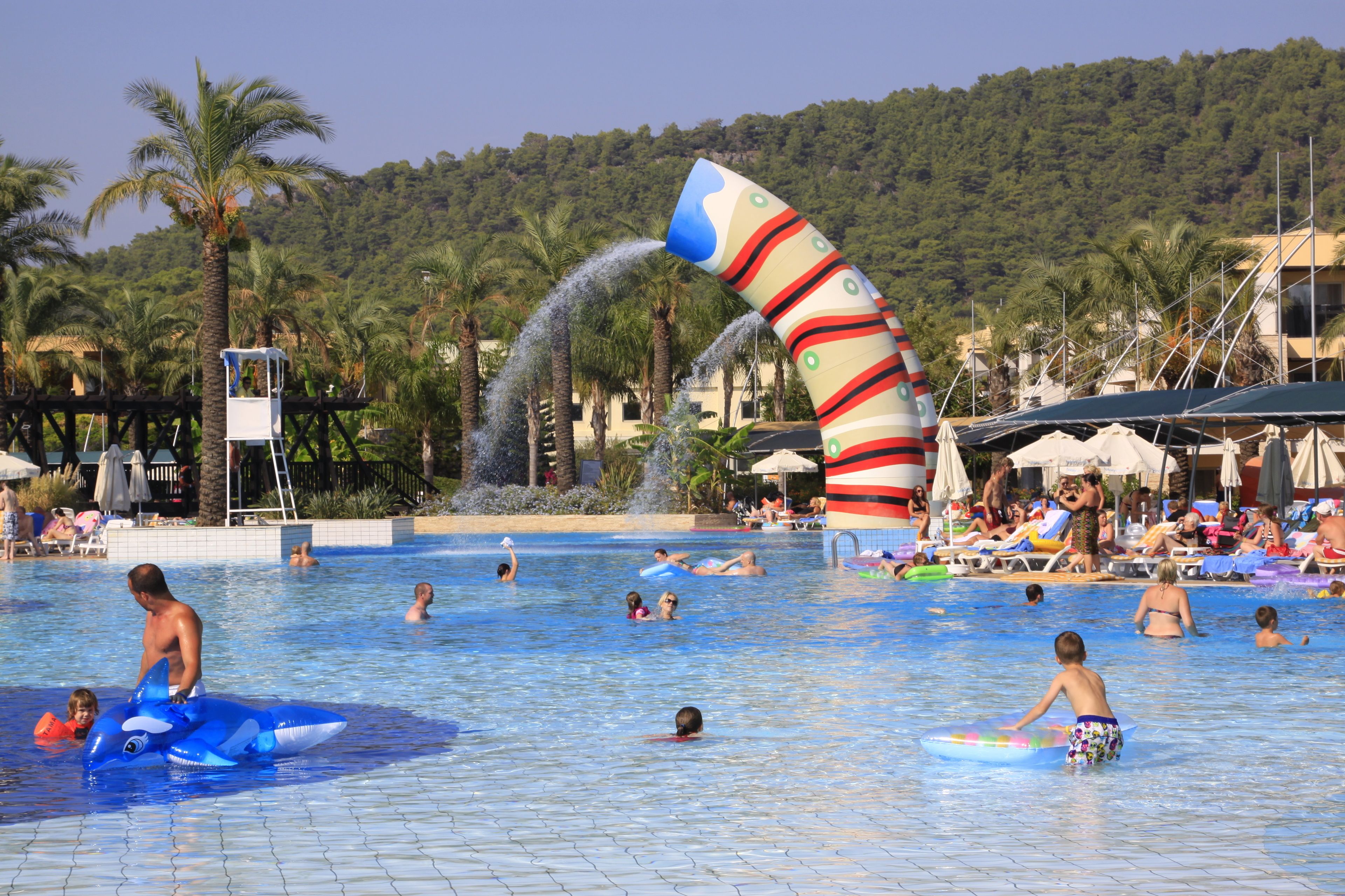 A swimming pool with people enjoying the water, a large water feature, and palm trees in the background.