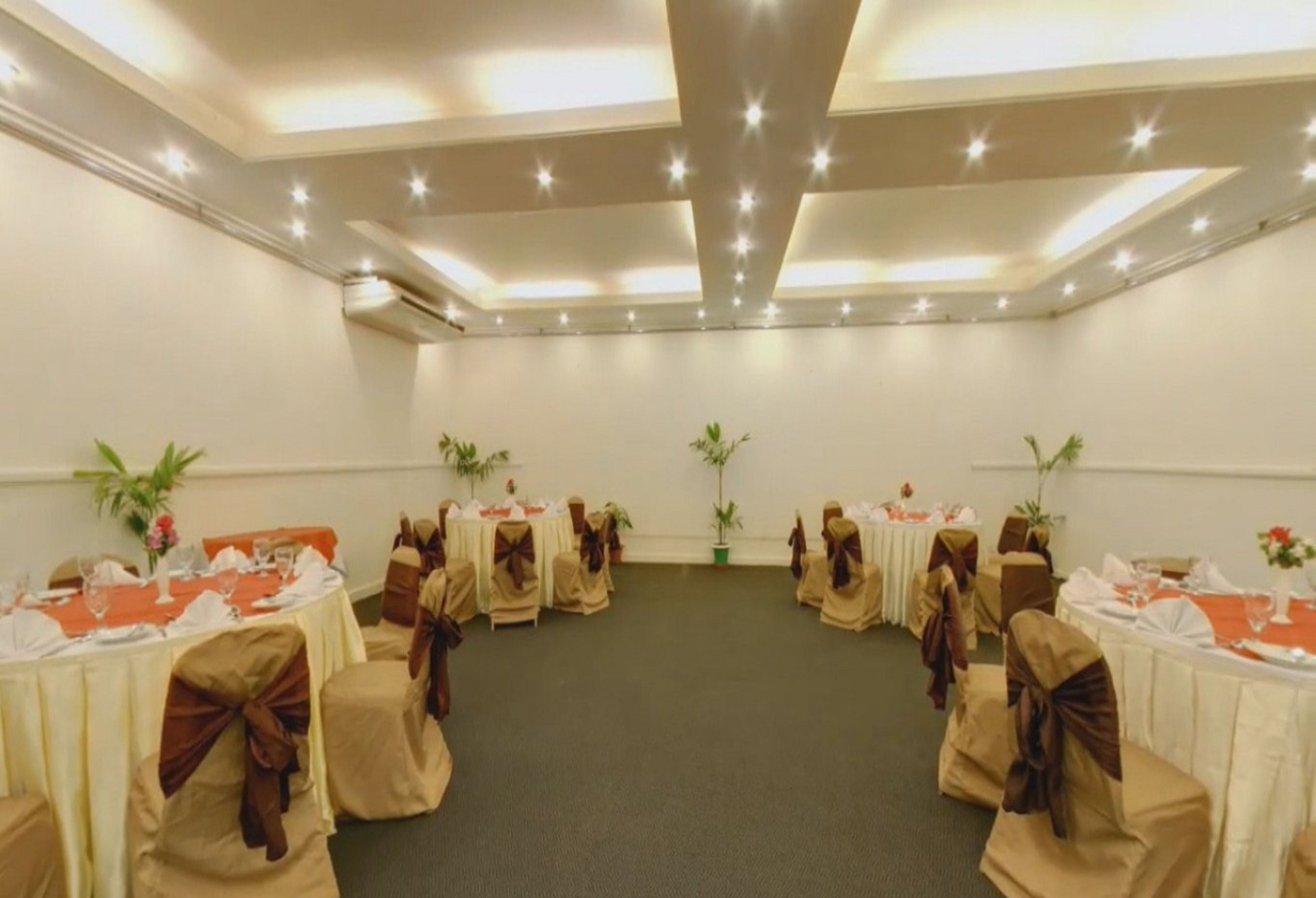 A conference room with tables set for a formal event, featuring chairs with brown sashes and potted plants.