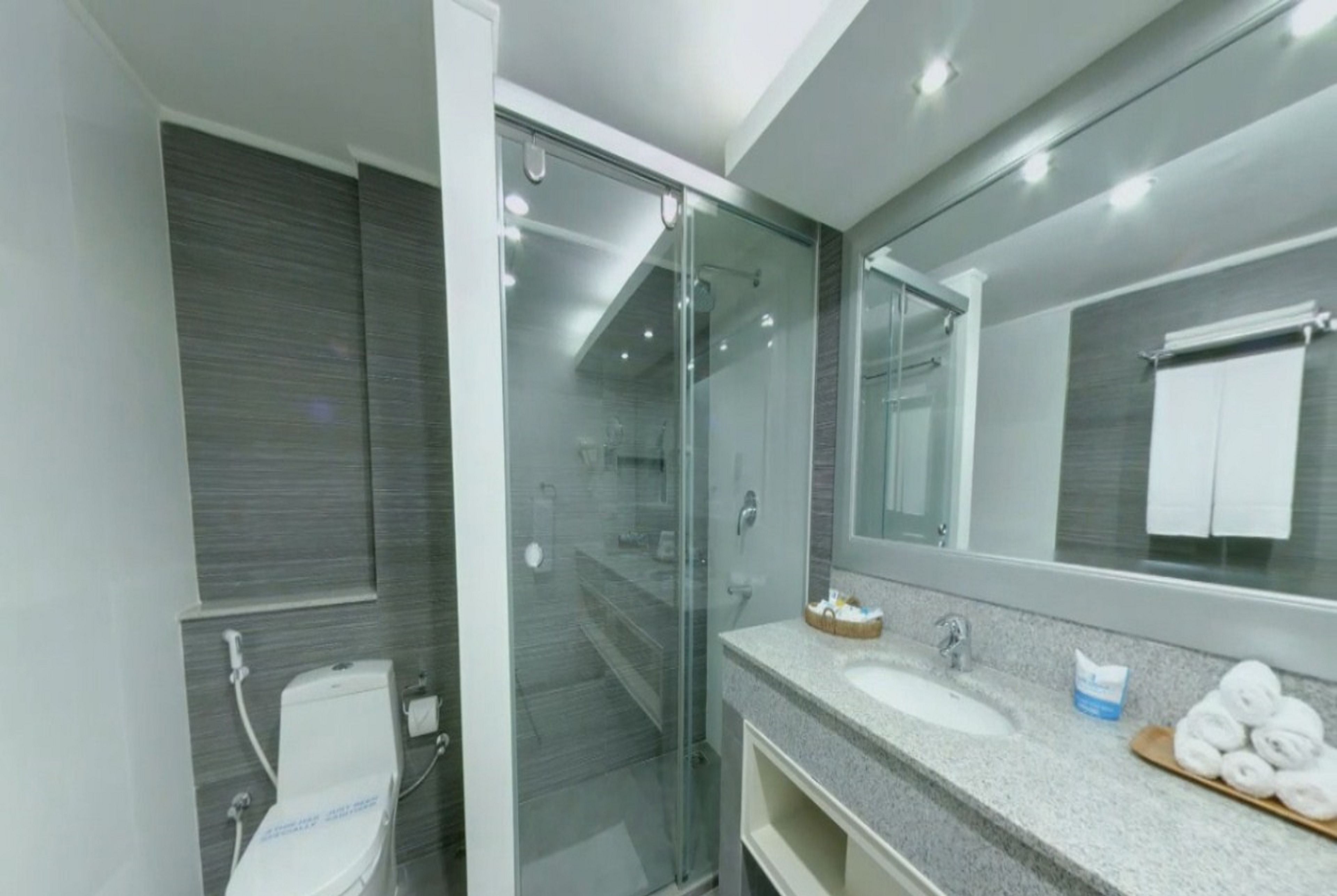 A modern bathroom with a glass shower enclosure, a white toilet, a granite countertop sink, and a mirror with a towel rack.