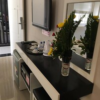 A hotel reception desk with a black counter, a small potted plant, a water bottle, a cup, and a tray with a small dish.