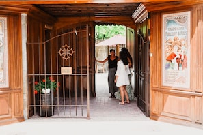 A wooden entrance with a metal gate, a potted plant with red flowers, and a poster on the wall. - Demeure de la Carmine (Mirepoix)