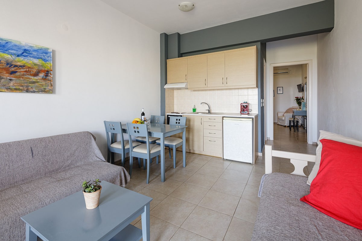A compact living space with a kitchenette, a dining area, and a seating area.