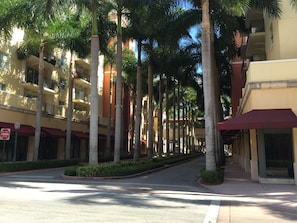 A street lined with tall palm trees and multi-story buildings with balconies. - LYX Suites at Merrick Park in Coral Gables (Coral Gables)