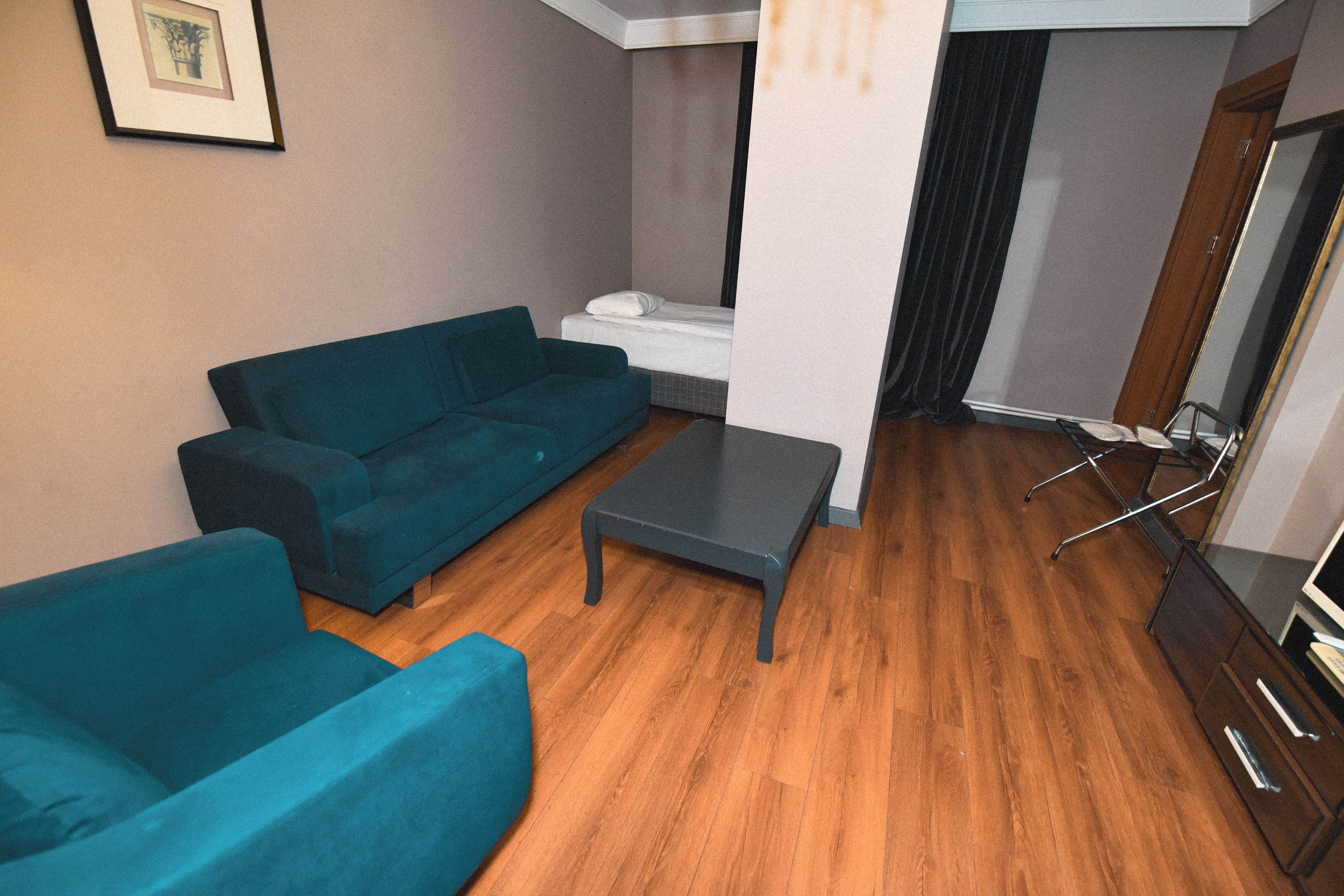 A compact living space with a sofa, a small table, and a bed.