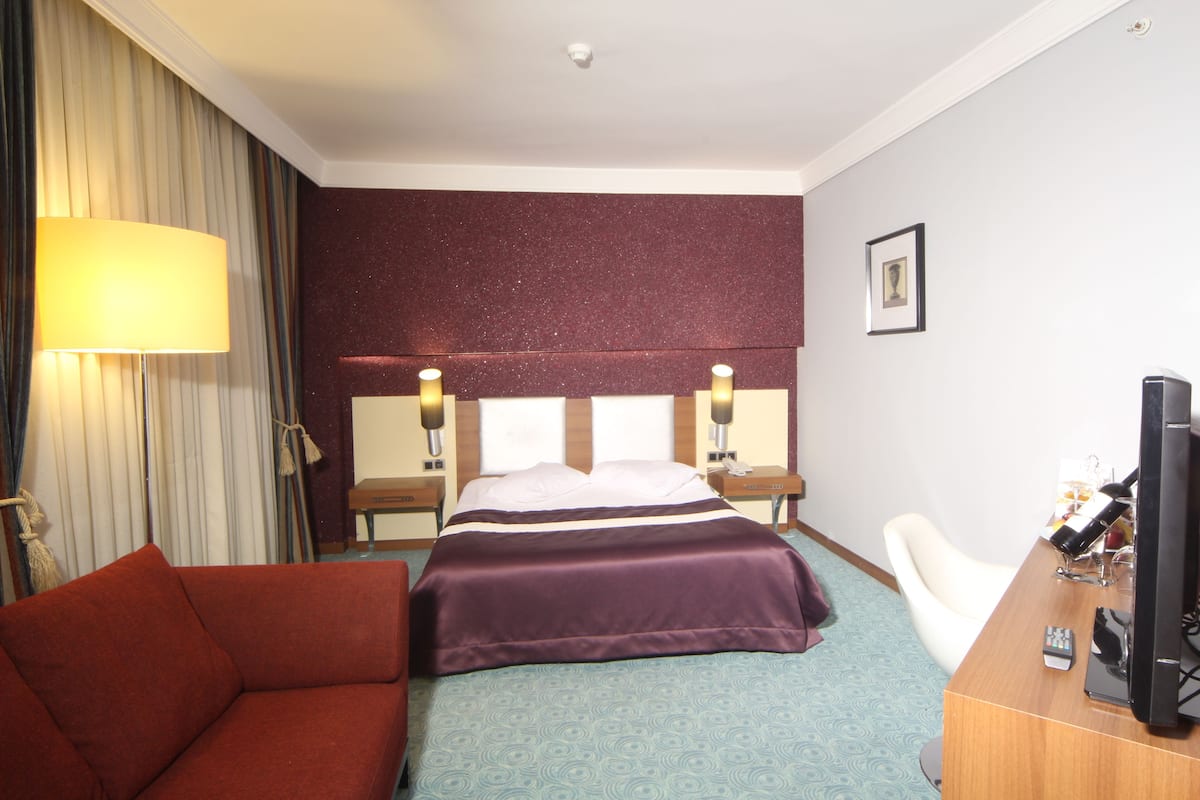 A hotel room with a bed, a sofa, a desk with a TV, and a lamp.
