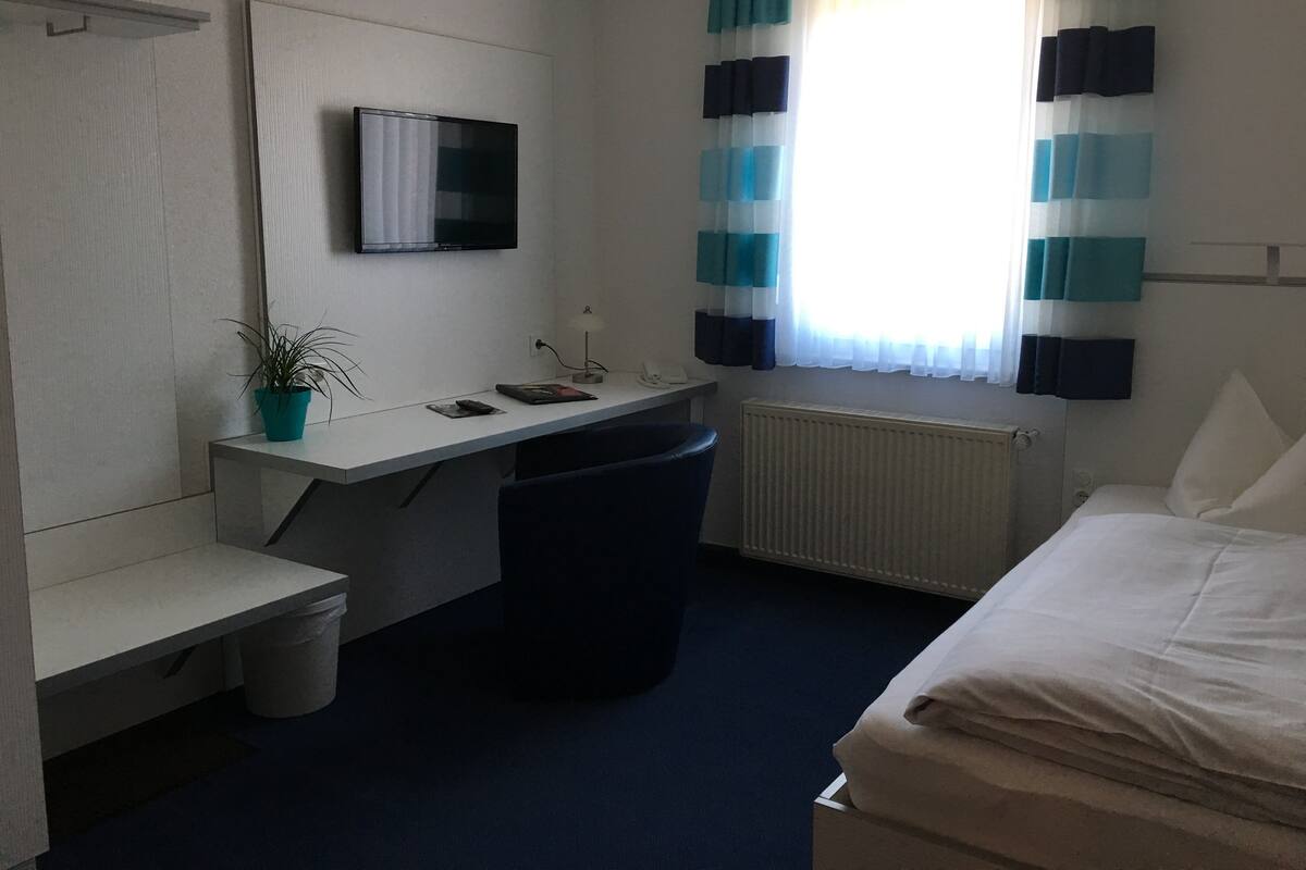 Une chambre d’hôtel avec un lit, un bureau et une chaise, un téléviseur, une plante en pot, un radiateur et une fenêtre avec des rideaux à rayures.