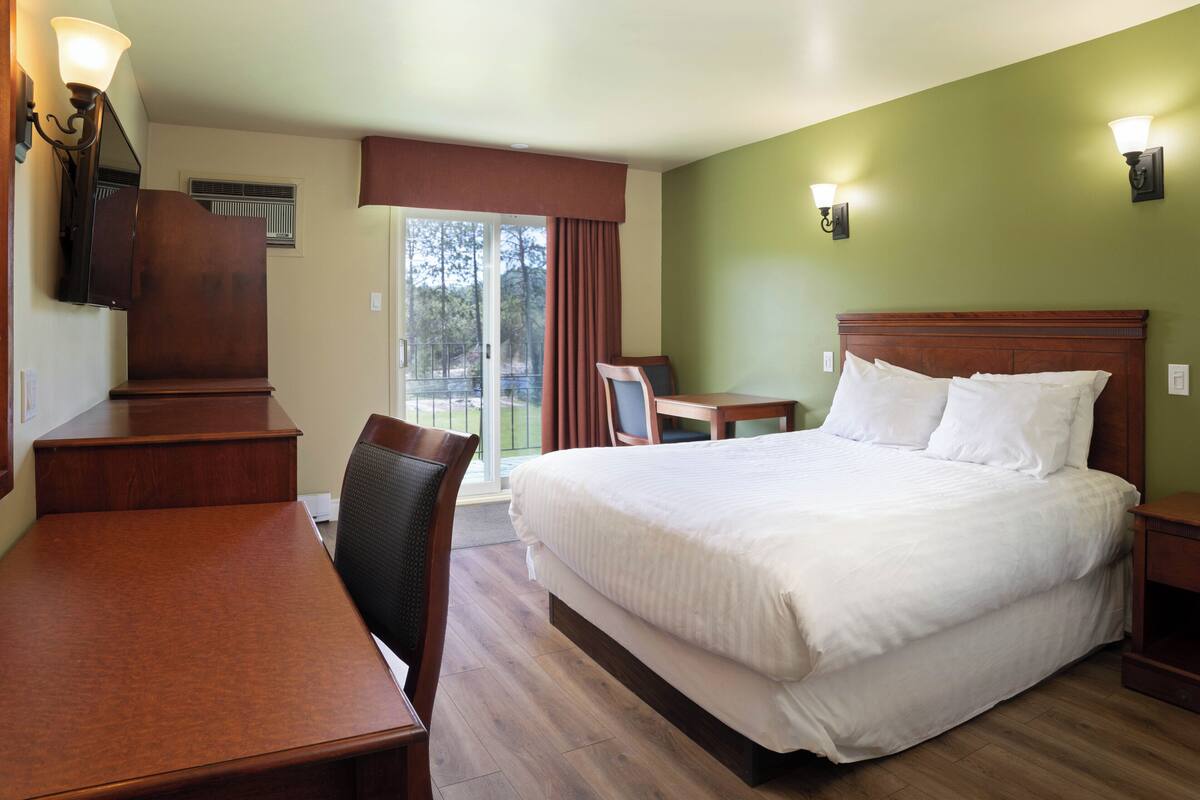 A hotel room with a large bed, a desk, a chair, a TV, and a window with curtains.